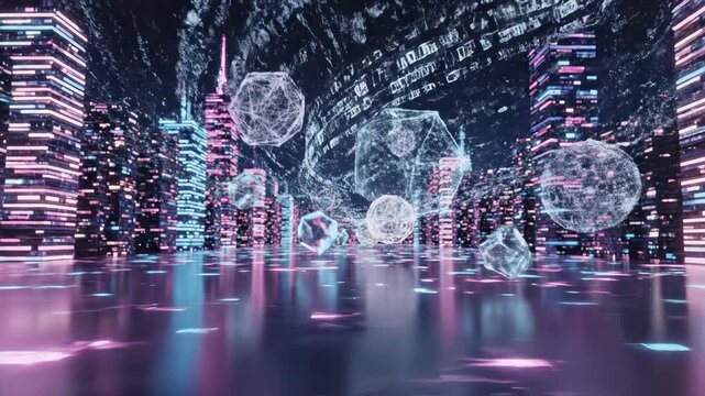 A Stunning Futuristic Cityscape Featuring Floating Geometric Shapes and Illuminated Skyscrapers, Creating an Enigmatic Digital Environment for Exploration and Imagination