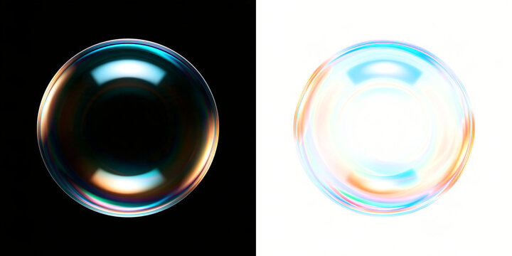Colorful glowing holographic bubble droplets on transparent background with neon light effects.