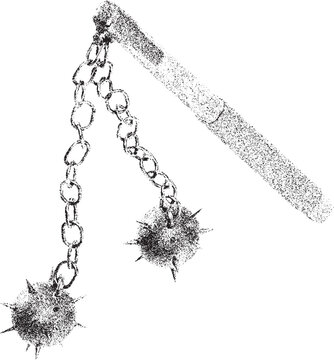 Medieval flail weapon with spiked balls on chains, creating silhouette grunge effect for historical designs.