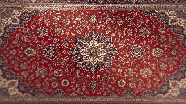 Red persian carpet with ornamental floral pattern shown from top view. Traditional oriental rug texture with medallion design.