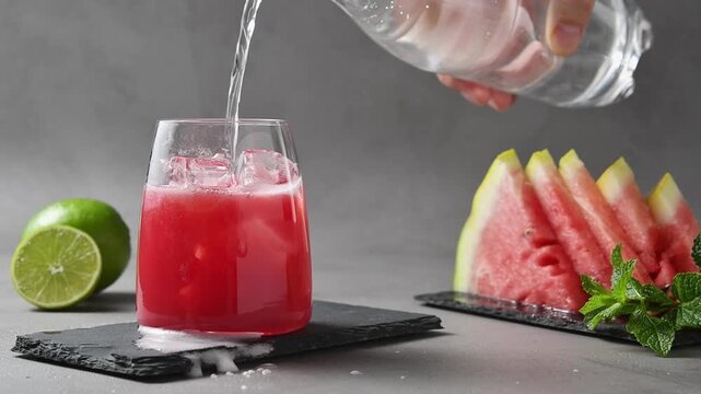 Hand pours sparkling water into iced watermelon drink with lime and mint for summer refreshment.
