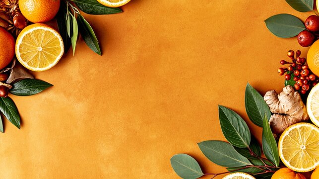 Warm orange background with fresh citrus and green leaves
