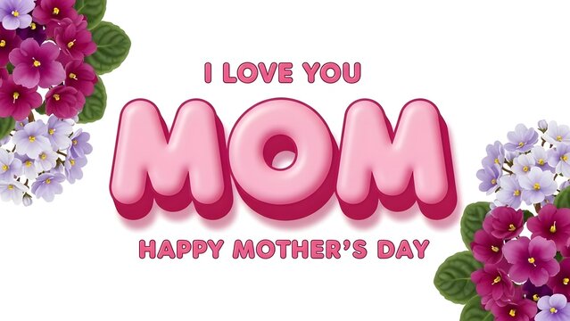 Happy mothers day greeting card design with pink bubble letters and purple flowers
