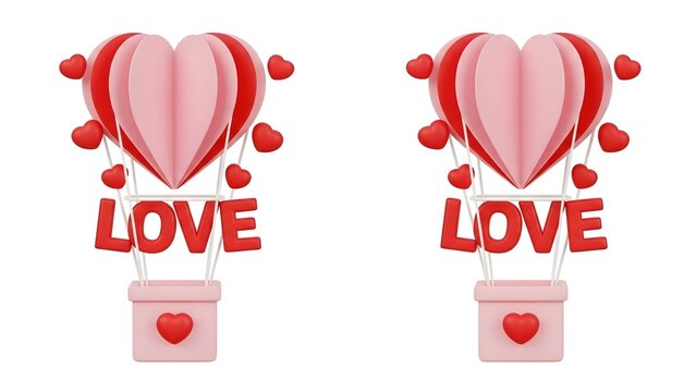 Pink heart hot air balloon with love text for valentines day romantic greeting card
