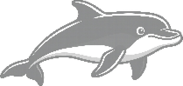 Monochrome halftone abstract swimming dolphin silhouette icon vector illustration