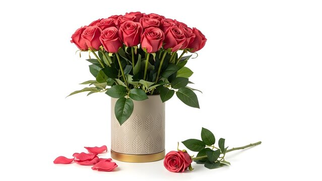 Beautiful bouquet of fresh red roses in a modern gray vase with fallen flower petals