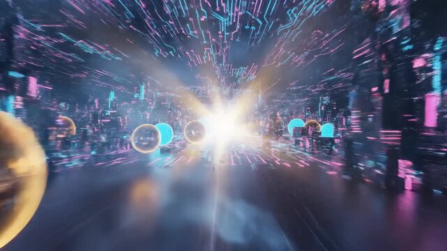 Futuristic Digital Landscape with Glowing Spheres and Circuit Patterns: A 3D Visualization Journey Through an Abstract Tech World