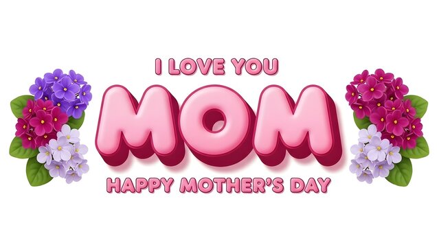 I love you mom happy mothers day greeting text with beautiful colorful flower bouquets