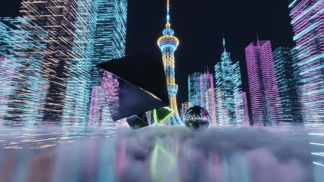 Dynamic Digital Cityscape: An Abstract Exploration of Geometric Shapes Against a Futuristic Skyline with Radiant Colors and Vibrant Lights