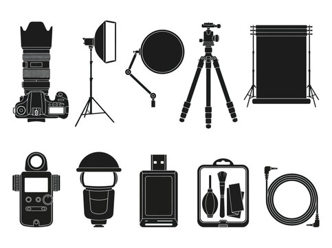 Professional photography equipment silhouettes, 10 camera gear icons set, studio lighting and digital dslr accessories vector collection