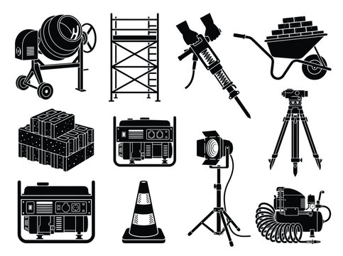 Construction equipment icons set, heavy machinery and building tools vector illustrations, industrial site hardware and masonry supplies collection
