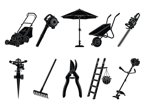 Garden tools silhouette set, 10 landscaping equipment icons, black lawn care machinery and gardening hardware vector collection