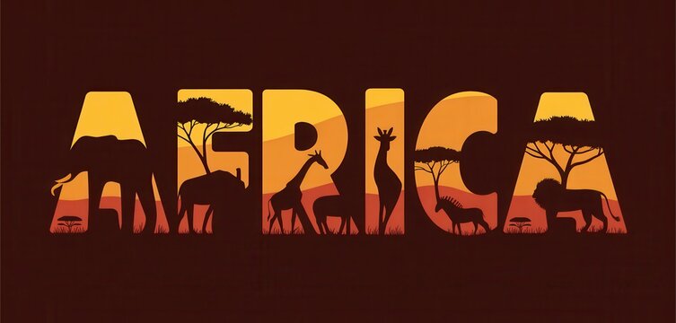 Stylized typography design of the word Africa featuring silhouettes of wild animals and acacia trees in a sunset savanna landscape