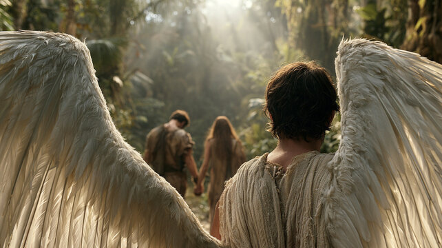 Biblical scene of the expulsion from paradise, Adam and Eve in leather garments walking away in grief as an angel watches from above