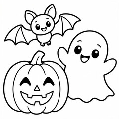 Fototapeta premium Happy Halloween coloring page featuring cute ghost, bat and carved pumpkin