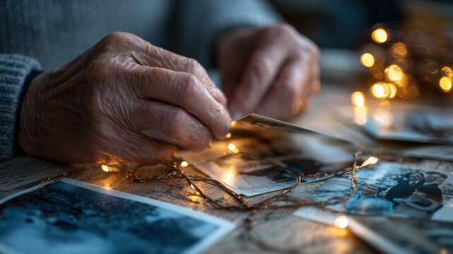 Elderly hands sorting photos, bokeh lights, reminiscing about the past