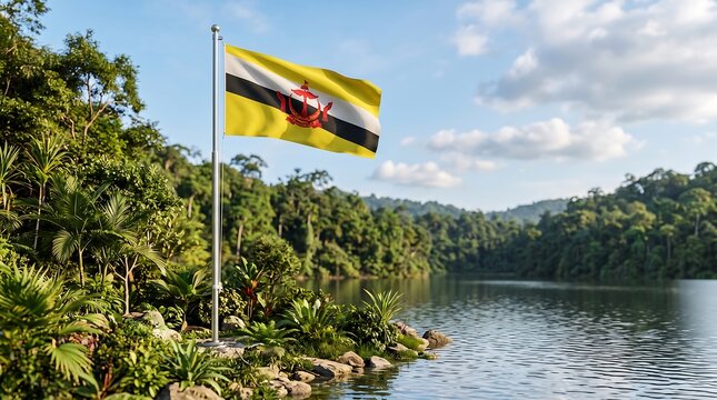 National flag of Brunei waving on pole near tropical lake with lush green jungle background