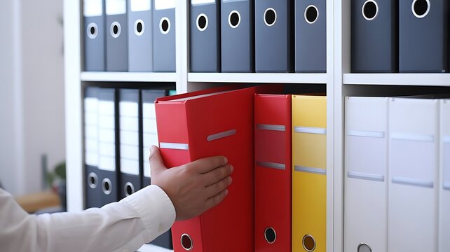 A person in a white shirt selecting a red binder from a shelf filled with colorful office folders, representing organization and administration