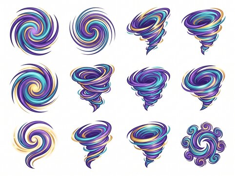 A collection of colorful stylized swirling vortexes and abstract tornado shapes in purple, blue, and gold hues on a white background.