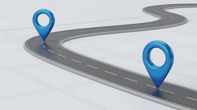 Blue map location pins on a winding asphalt road path against a white grid background, representing navigation travel, planning and route destination