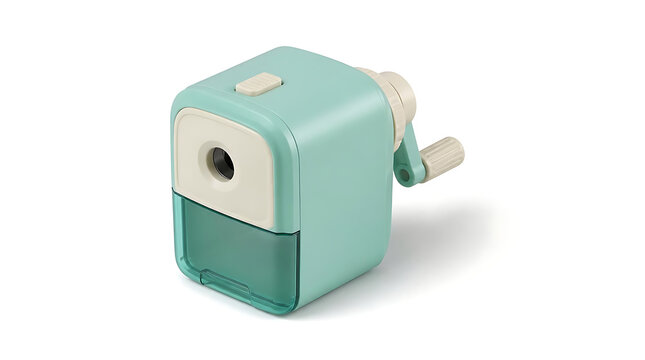 A modern manual pencil sharpener with a crank handle isolated on white background.
