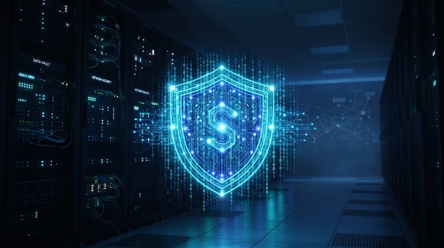 Digital Security Shield protecting Financial Data in a Modern Data Center Server Room for Cybersecurity and Fintech Concept