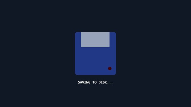 Retro Loading Screen Animation Featuring Saving to Disk Concept with Blue Floppy Drive