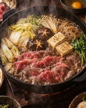 Japanese Sukiyaki hot pot with marbled wagyu beef, steaming traditional nabe stew with tofu and shiitake mushrooms, authentic Asian winter comfort food