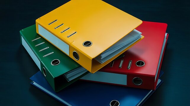 Close up of colorful office ring binders stacked together on a dark surface for document filing and business organization and storage