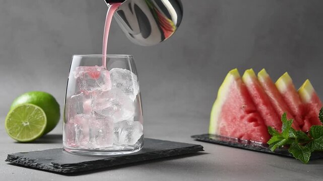 Hand pours watermelon juice from metal pitcher over ice into glass for summer cocktail preparation.