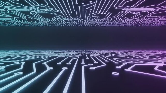 A captivating visual of interconnected circuitry, showcasing a futuristic landscape composed of glowing lines and patterns that evoke advanced technology and digital innovation.