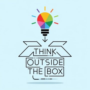 Minimalist illustration of a colorful lightbulb emerging from a box with the text think outside the box on a light blue background