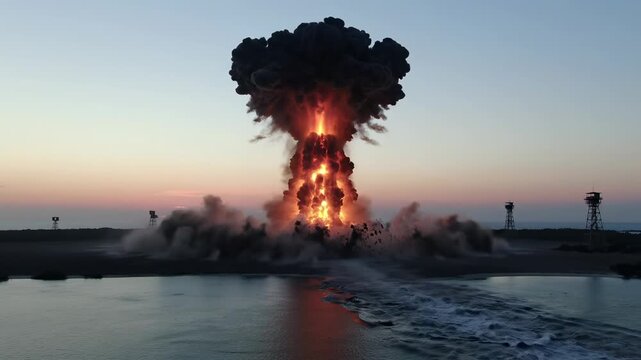 Witness the Stunning Transformation of a Controlled Explosive Detonation, Capturing the Moment from Initial Ignition to Dramatic Smoke and Fire Eruption on the Shoreline.