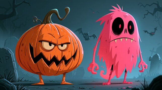 Pixel Art Pumpkin Character And Pink Ghost Creature Standing In A Dark Spooky Cemetery For Autumn Holiday