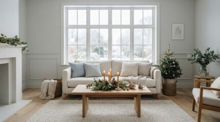 Fototapeta premium Cozy living room interior decorated for Christmas with a snowy window view and warm candlelight
