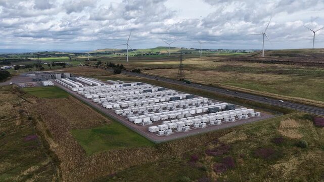 Drone view of Coalburn 1 in South Lanarkshire, Scotland, showing grid-scale battery storage supporting renewable power, wind integration and electricity balancing.
