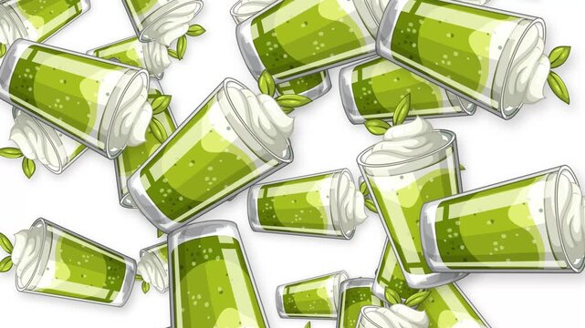 Falling Matcha Green Tea Smoothies with Whipped Cream on White Background