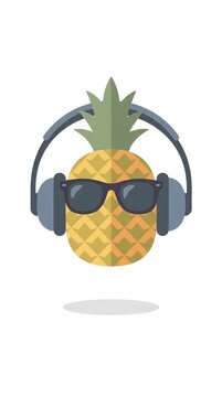 Retro geometric pineapple wearing headphones and sunglasses, Tokyo Japan summer travel poster, vacation tourism concept