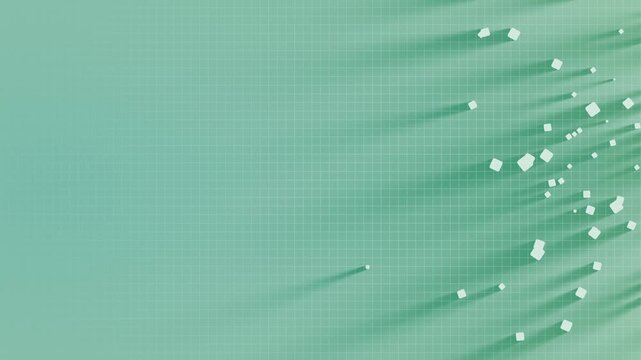 10s seamless loop of slowly floating teal 3D squares arranged in a soft grid pattern on a mint green background. Calm, digital background for tech, data and wellness projects