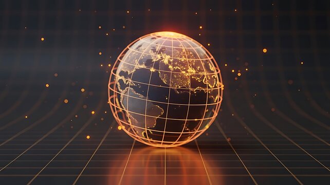 Glowing orange wireframe globe of the earth on a dark grid background, with floating particles, representing global connectivity, and technology
