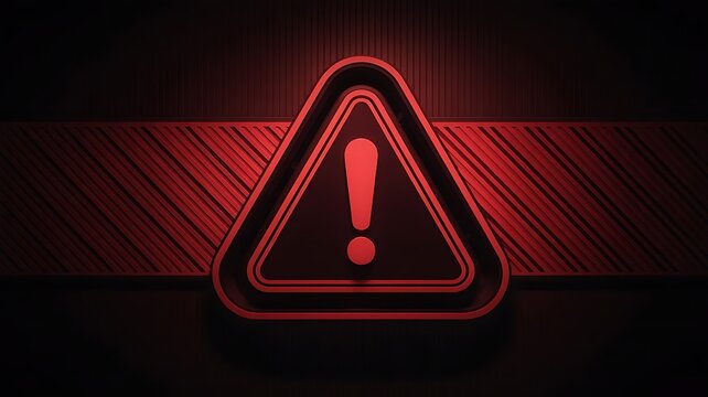 Glowing red exclamation mark inside a metallic triangle on a dark background, with diagonal striped, patterns and industrial aesthetic