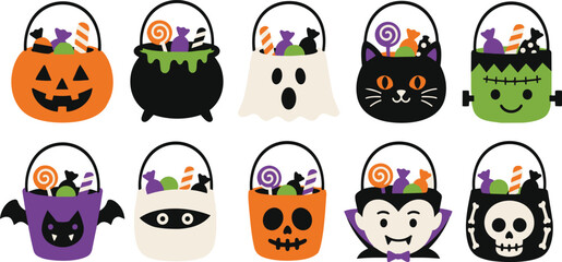 Obraz premium Halloween trick or treat candy buckets set with characters