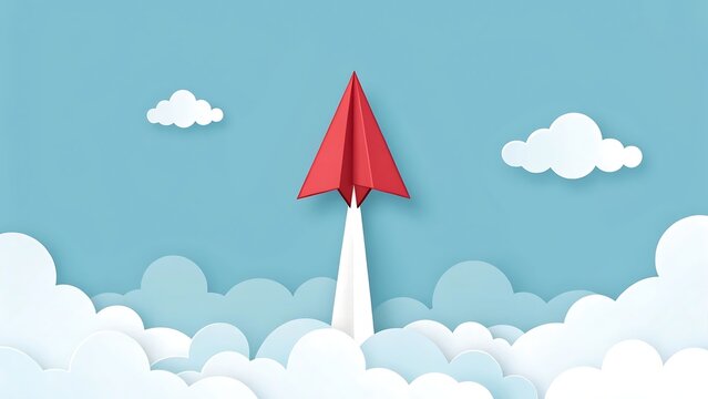 A vibrant red paper airplane launching upwards into a blue sky with fluffy white clouds for success