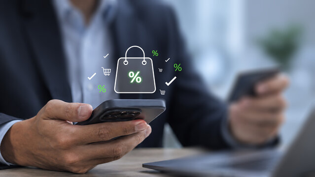 Ecommerce discount and online shopping promotion concept. customer using smartphone and credit card to make purchase digital payment savings retail offer convenience and secure mobile transaction