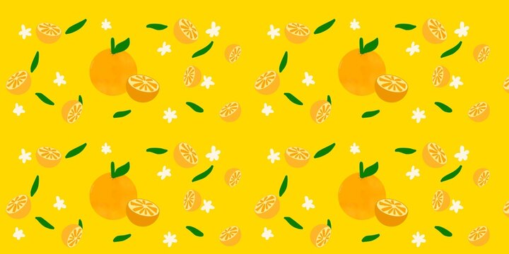 Seamless pattern illustration of orange fruit slices in flat design style isolated yellow background. cartoon doodle style for fabric, picture label, wallpaper, banner, poster.