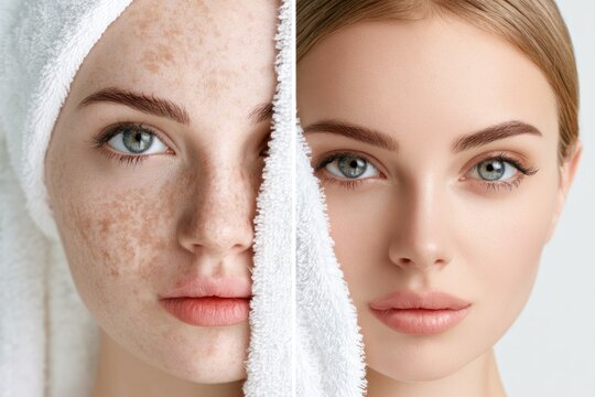 Split image womans face comparison before and after skincare routine with freckles to clear skin