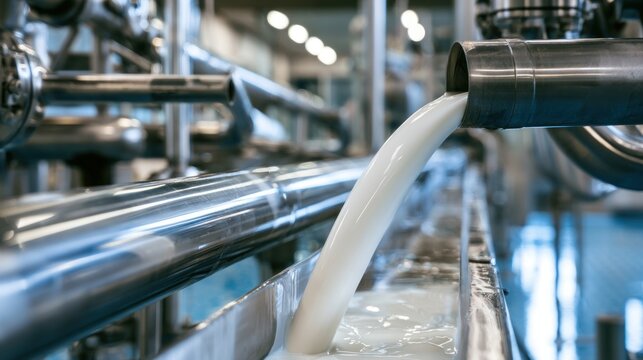 White liquid pouring from industrial pipe into trough at manufacturing plant