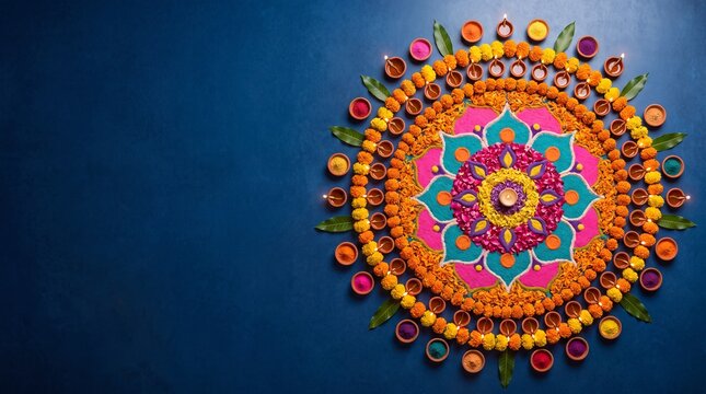 Diwali rangoli design featuring colorful patterns and glowing diyas arranged on a blue background, showcasing traditional Indian artistry