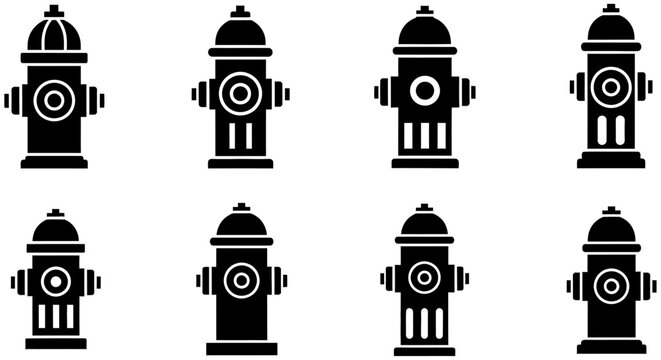 Black and white vector illustrations of fire hydrants in various styles