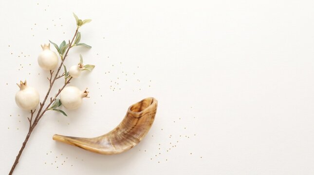 Yom Kippur concept with traditional shofar horn and decorative white pomegranates. Elegant minimal Jewish holiday flat lay with copy space.